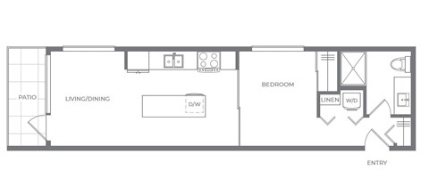 A floor plan of a small apartment with a living area, dining area, and two bedrooms.